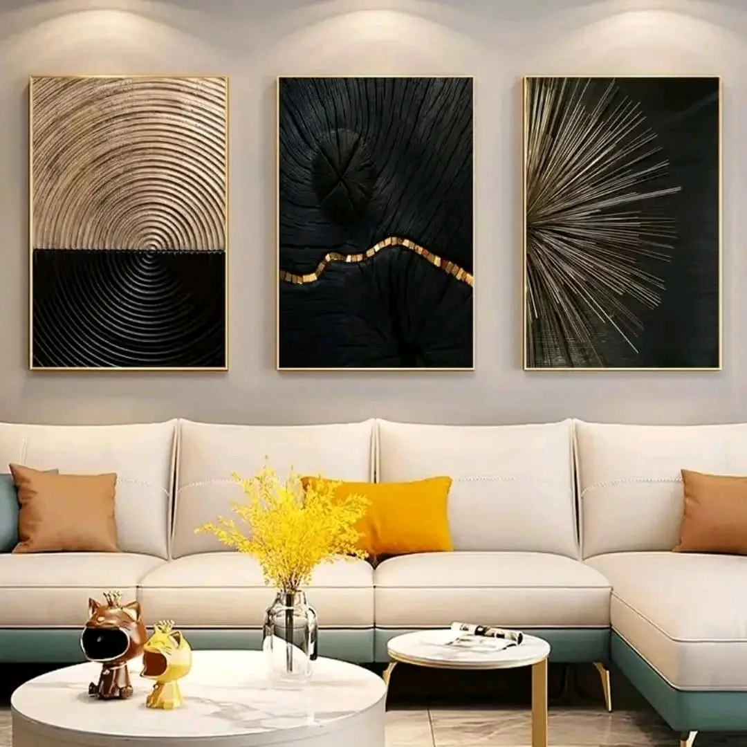 Ensemble de 3 tableaux abstraits noir et doré